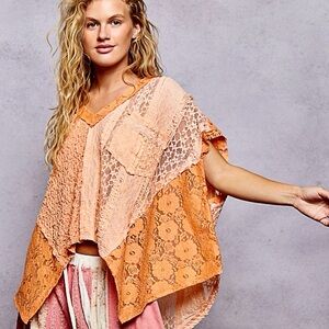 🧡 Hello Gorgeous! POL Asymmetrical V-Neck Short Sleeve Lace Top - Orange